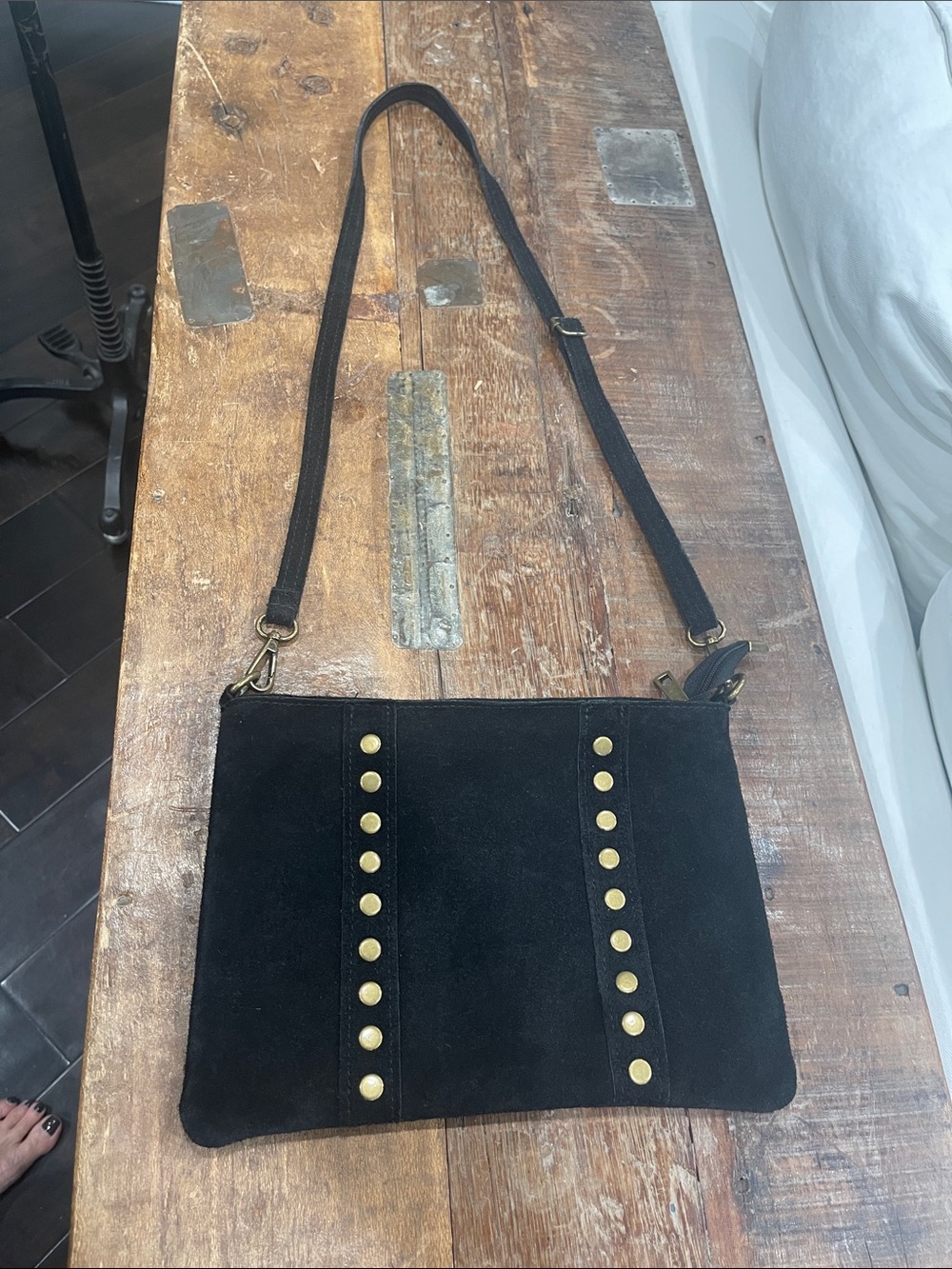 Black Suede Crossbody Bag with Gold Studs - Women’s bag. Italian.